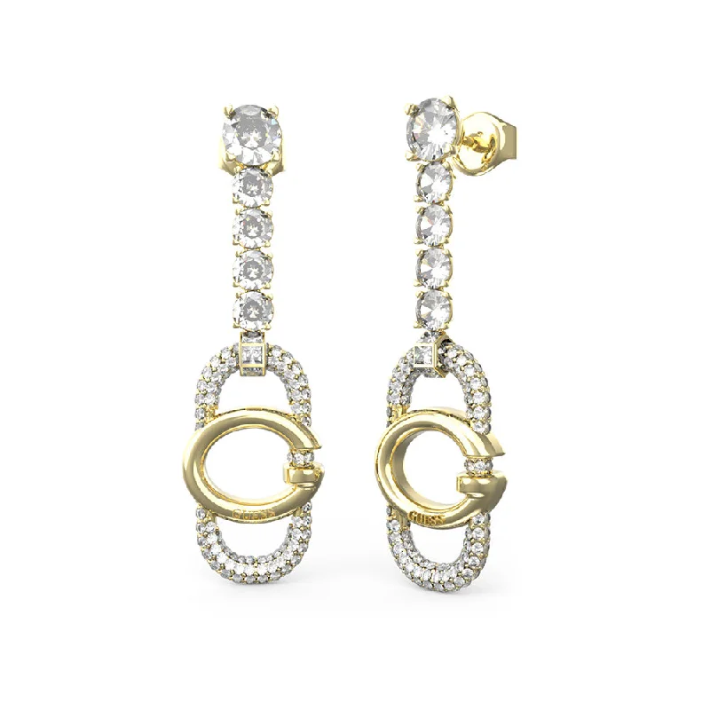 Sparkling Stud Earrings For Evening Glam-Guess Gold Plated Stainless Steel 41mm G Logo and Crystal Tennis Drop Earrings