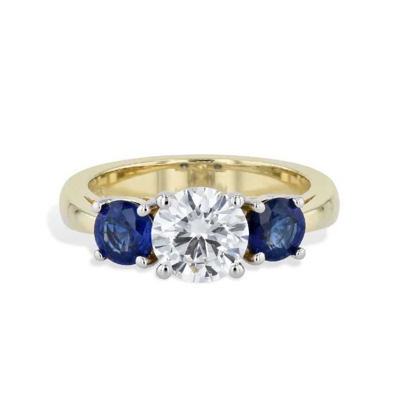 Luxury Gold Rings For Special Celebrations-3-Stone Diamond and Sapphire Ring