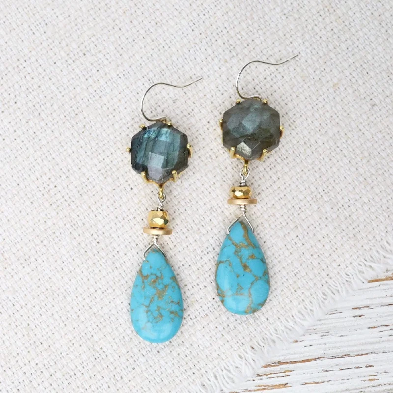 Vibrant Earrings For Fun Fashion-Labradorite with Turquoise Drop Earrings