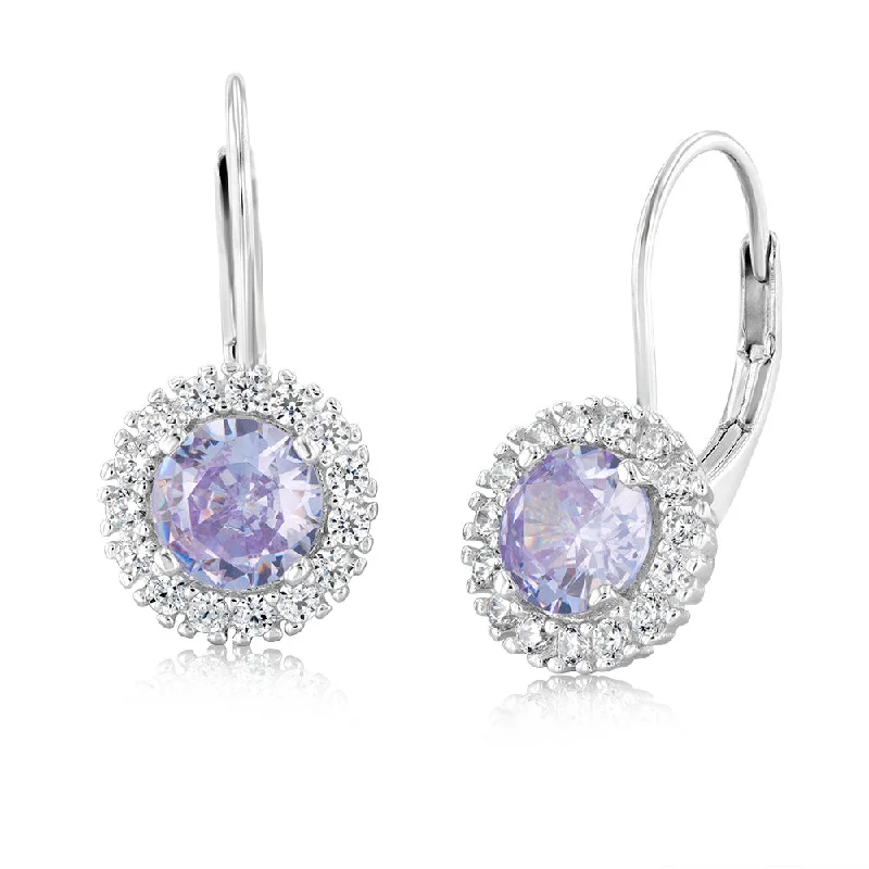 Unique Hoop Earrings For Creative Style-Sterling Silver Lavender And White Zirconia Halo Drop And Dangle Earrings