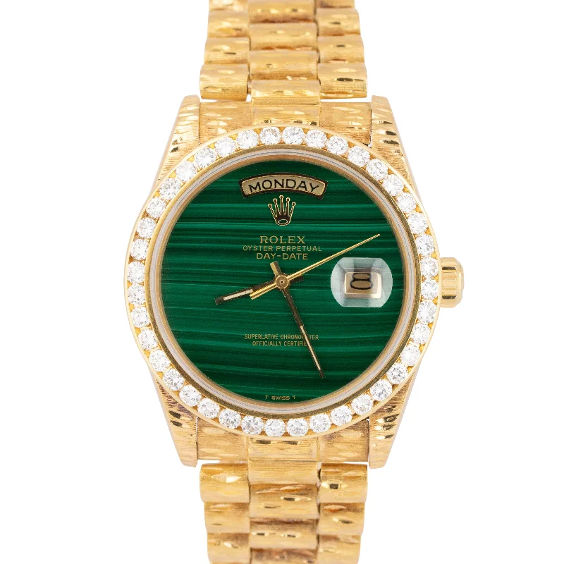 Customizable Watch Faces For Personalized Timepieces-MINT Rolex Day-Date President DIAMOND MALACHITE GREEN 36mm 18K Yellow Gold 18038