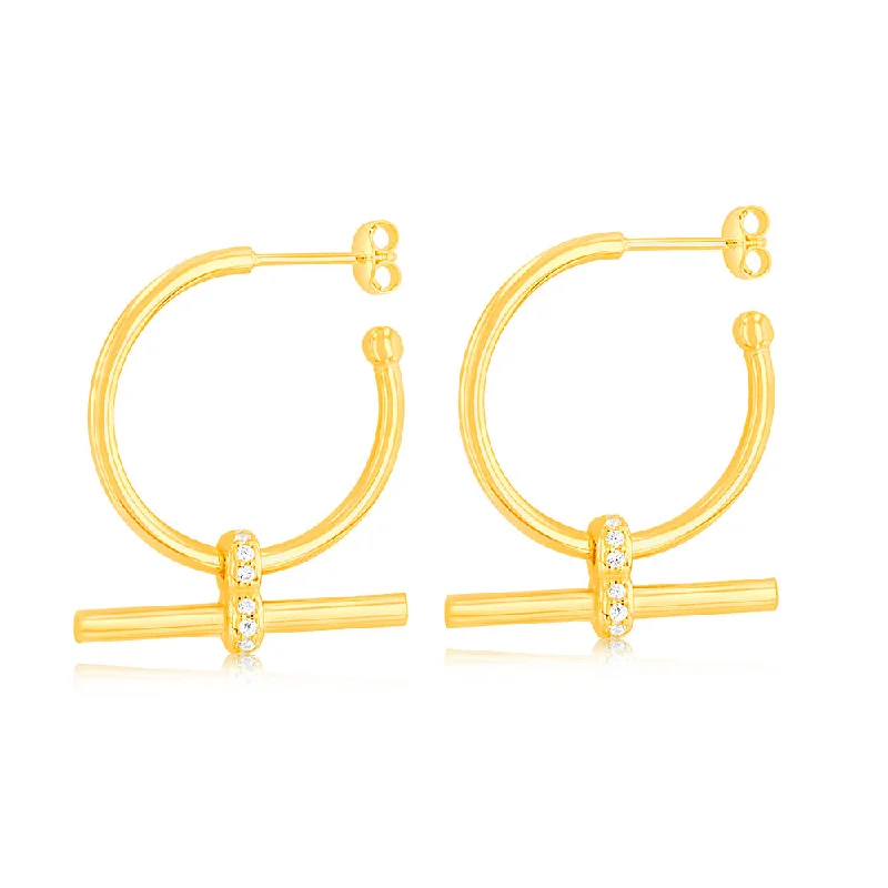 Cute Stud Earrings For Simple Style-Sterling Silver Gold Plated Zirconia Bar 3/4th Hoop Earrings