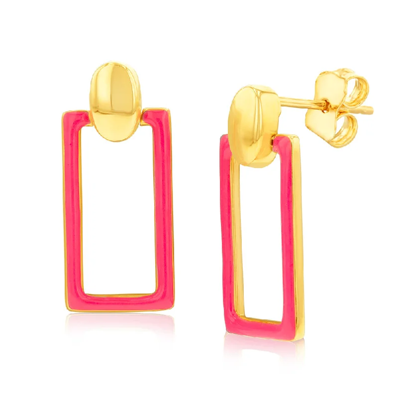 Sparkling Pearl Earrings For Glamorous Looks-9ct Yellow Gold Pink Enamel Rectangle Drop Earrings