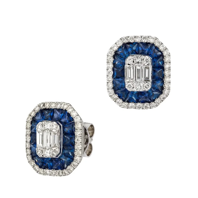 Stylish Drop Earrings For Elegant Fashion-Emerald Shape Diamond and Sapphire Earrings