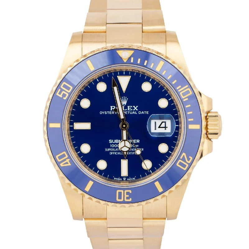 Classic Black Watches For Sleek Appeal-NEW PAPERS Rolex Submariner Date 41 18K Yellow Gold Blue Watch 126618 LB B+P