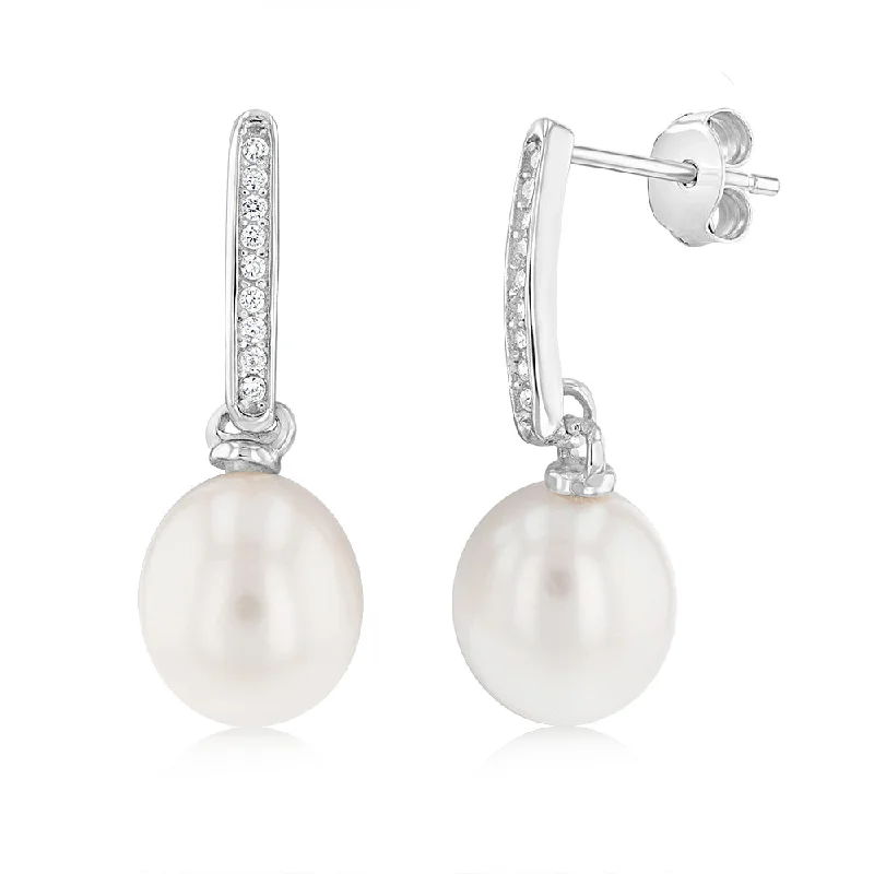 Trendy Silver Earrings For Modern Women-Sterling Silver White Rice Pearl & Cubic Zirconia Stud Earrings