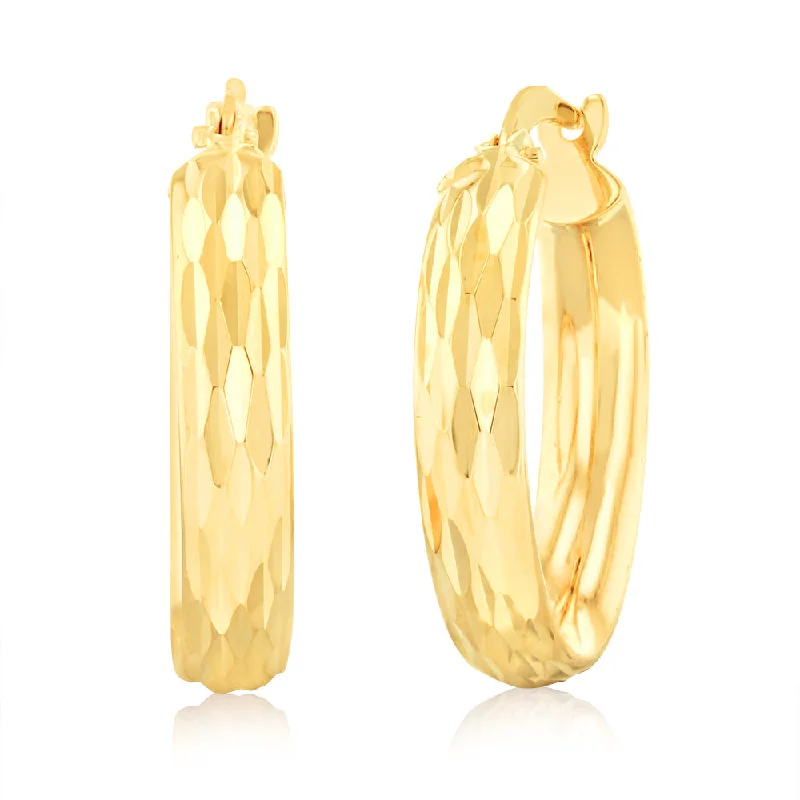 Beautiful Crystal Earrings For Elegant Fashion-9ct Yellow Gold Double Side Diamond Cut Hoop Earrings