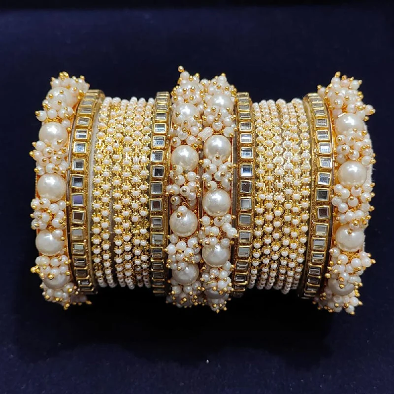 Sparkling Sapphire Wedding Bangles For Brides-Pooja Bangles Gold Plated Mirror And Pearls Bangles Set