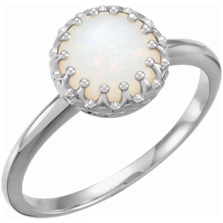 Unique Engagement Rings For Creative Brides-14K White 8 mm Natural White Opal Crown Cabochon Ring