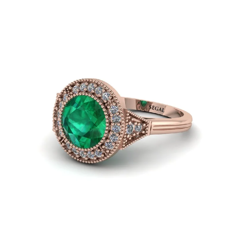 Unique Diamond Wedding Bands For Fashion-Forward Couples-Round Cut Emerald Milgrain Halo Engagement Ring - Maggie No. 5