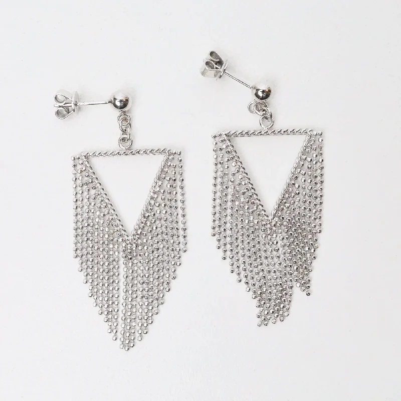 Sparkling Stud Earrings For Evening Glam-Sterling Silver Woven Fringed Triangle Earrings