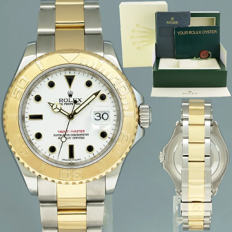 Elegant Silver Watches For Subtle Elegance-MINT 2009 Rolex 16623 Two Tone Yellow Gold Steel Yachtmaster White Sapphire Watch