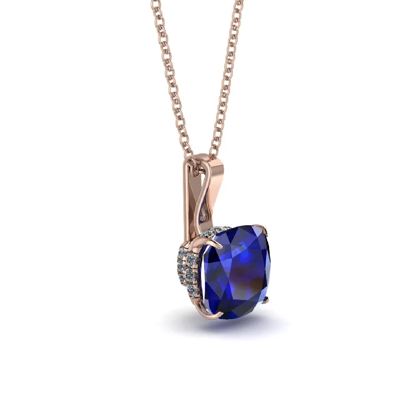 Hidden Halo Cushion Sapphire Necklace - Alivia No. 14