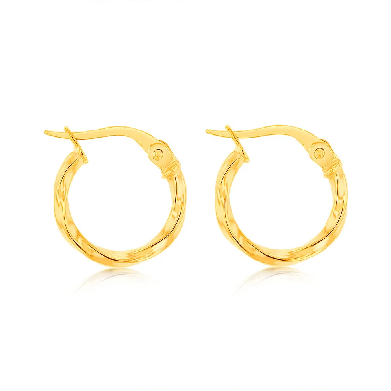 Trendy Earrings For College Students-9ct Yellow Gold Twisted 10mm Hoop Earrings