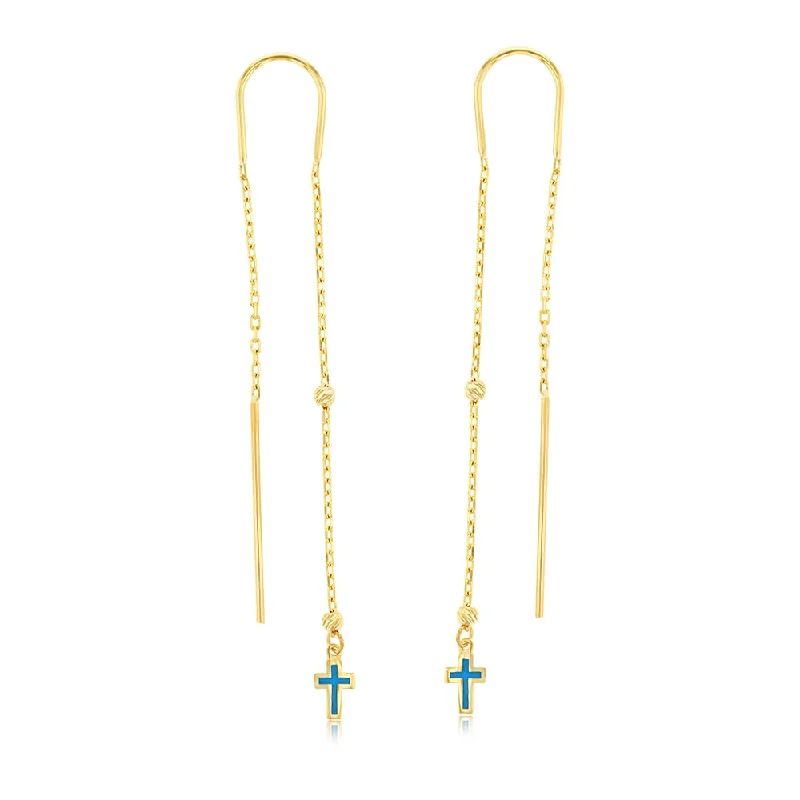 Unique Vintage Earrings For Timeless Fashion-9ct Yellow Gold Blue Eanmel Cross On Threader Earrings