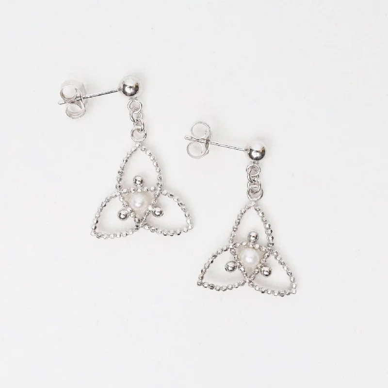 Stunning Drop Earrings For Special Occasions-Sterling Lace Tri-foil with Pearl Earrings