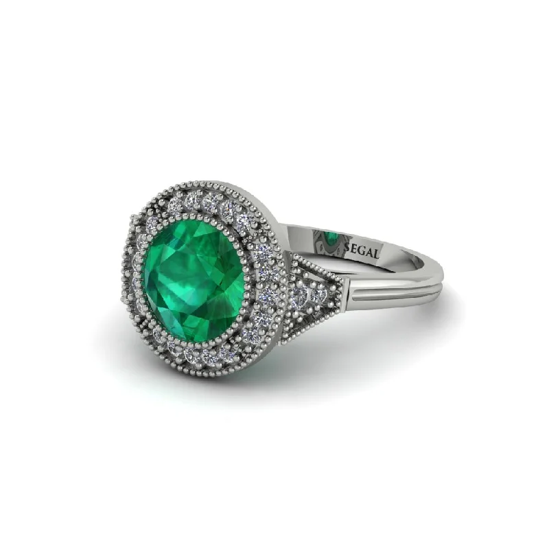 Bold Engagement Rings For Creative Proposals-Round Cut Emerald Milgrain Halo Engagement Ring - Maggie No. 6