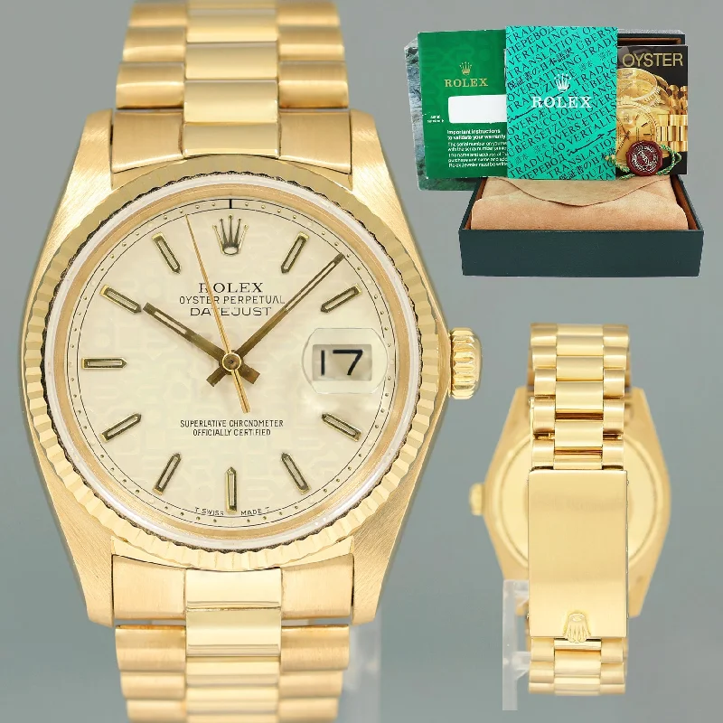 Luxury Fashion Watches For Elegant Style-MINT Rolex DateJust 36mm 16018 Yellow Gold Ivory Stick President Band Watch Box