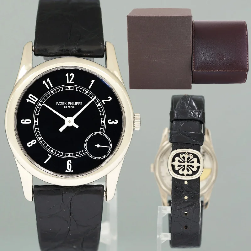 Unique Titanium Watches For Modern Appeal-MINT Patek Philippe 5000g 33mm White Gold Calatrava Black Leather Watch Box