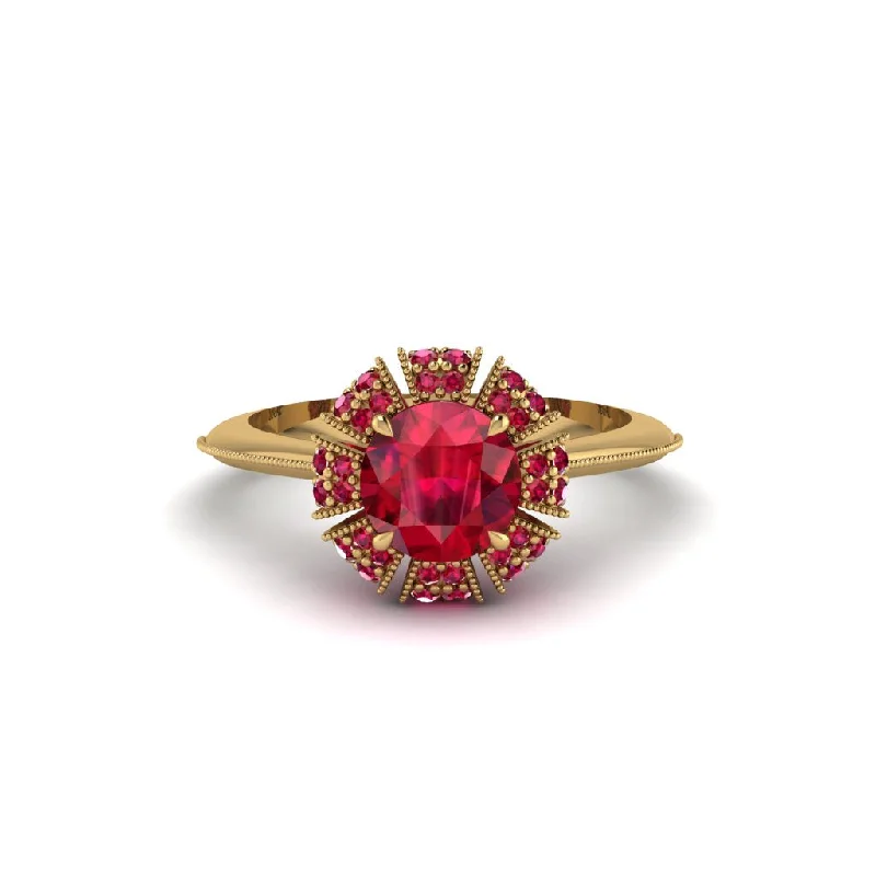 Custom Wedding Bands For Unique Fashion-Ruby Crown Halo Engagement Ring - Annie No. 55