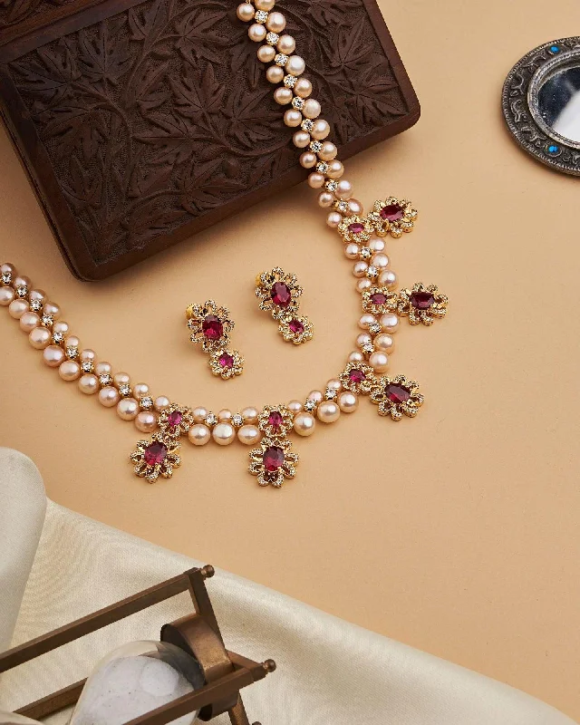 Rose Gold Pearl and Red Stone Necklace Set