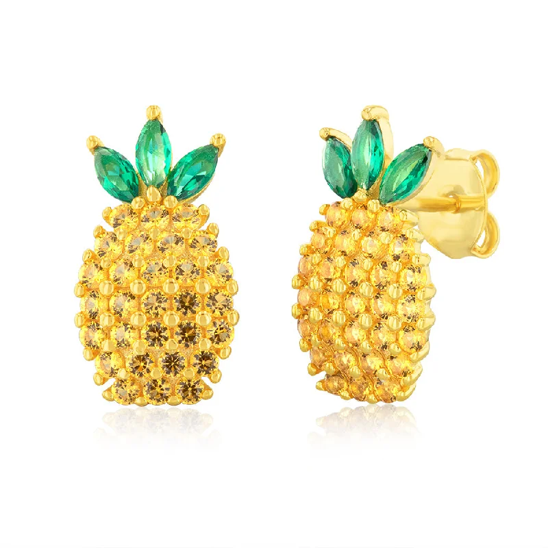 Trendy Silver Earrings For Modern Women-Sterling Silver Gold Plated Yellow And Green Zirconia Pineapple Stud Earrings