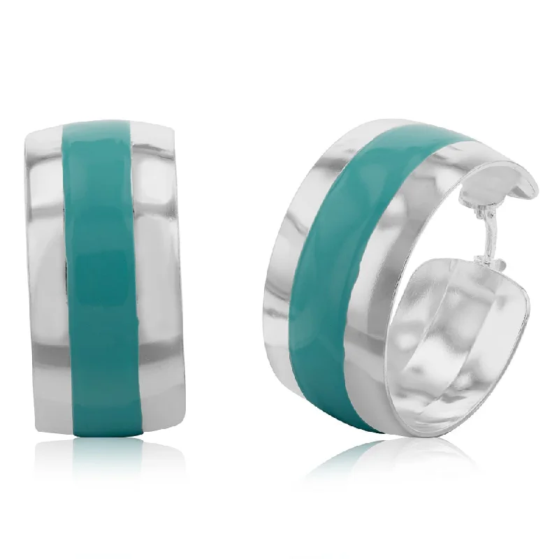 Artistic Earrings For Creative Looks-Sterling Silver Aqua Enamel On Broad 23mm Hoop Earrings