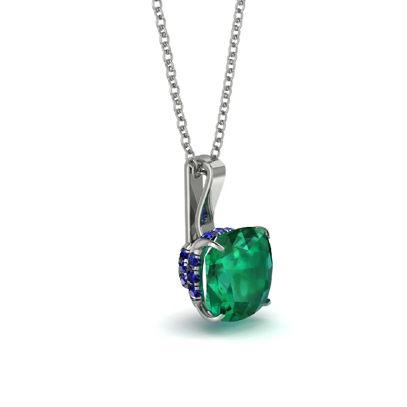 Hidden Halo Cushion Emerald Necklace - Alivia No. 66