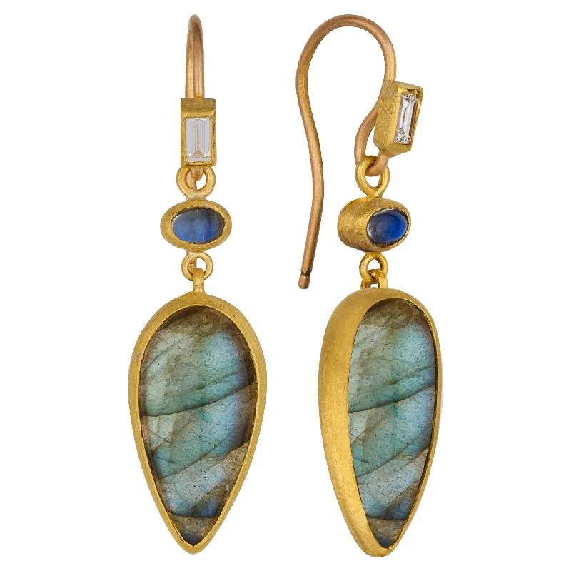 Elegant Beaded Earrings For Stylish Glam-Lika Behar "Miro" Dangle Drop Earrings with Pear Labradorites & Rainbow Moonstones Silver & 24K Gold