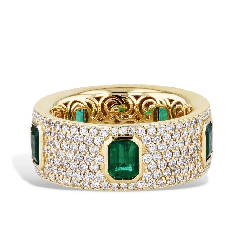 Luxury Gemstone Wedding Rings For Special Occasions-Emerald Cut Emeralds Diamond Pave 18K Yellow Gold Ring