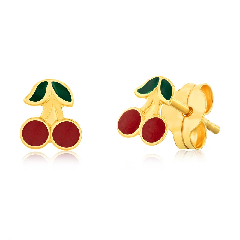 Sterling Silver Earrings For Timeless Appeal-9ct Yellow Gold Enamel Pair Of Cherries Stud Earrings