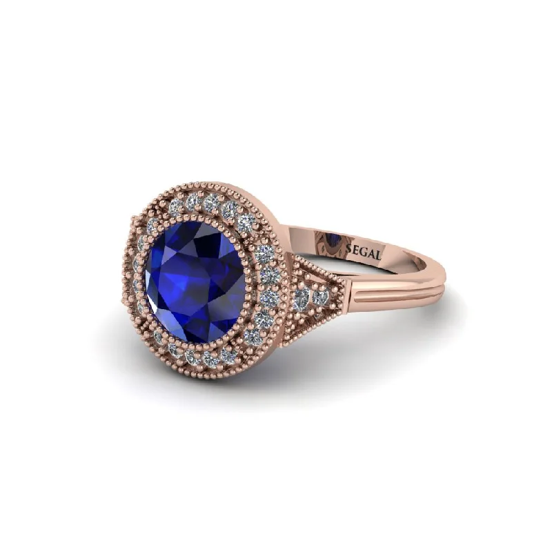 Classic Engagement Rings For Elegant Glam-Round Cut Sapphire Milgrain Halo Engagement Ring - Maggie No. 14