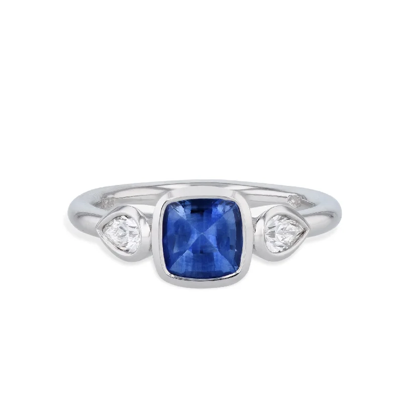 Beautiful Custom Engagement Rings For Unique Brides-Blue Sapphire and Pear Shaped Diamonds Platinum Ring