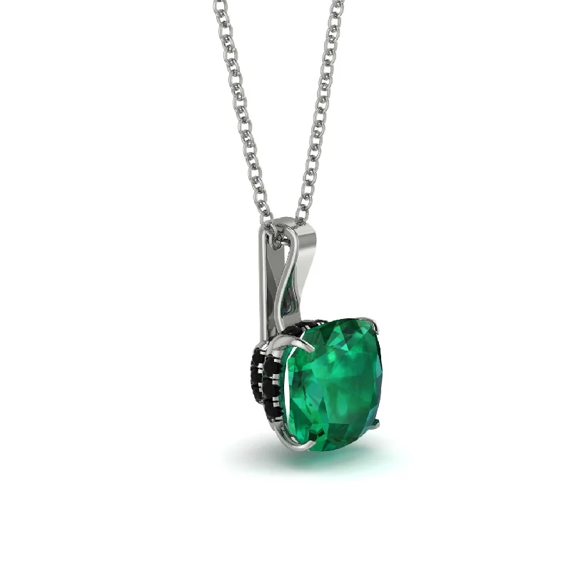 Hidden Halo Cushion Emerald Necklace - Alivia No. 36