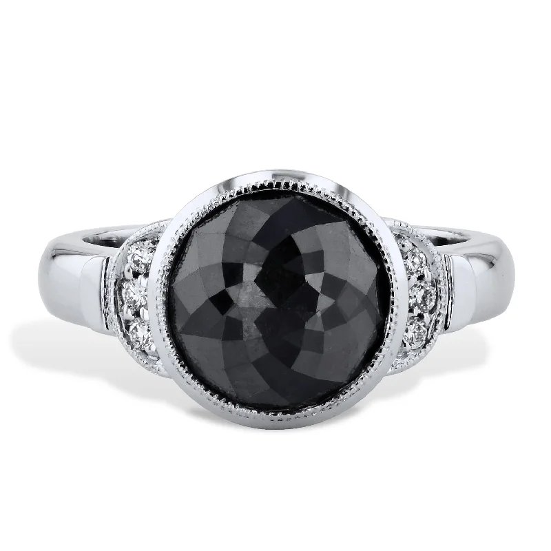 Unique Platinum Engagement Rings For Luxury Proposals-Rose Cut Round Black Diamond Pave White Gold Ring