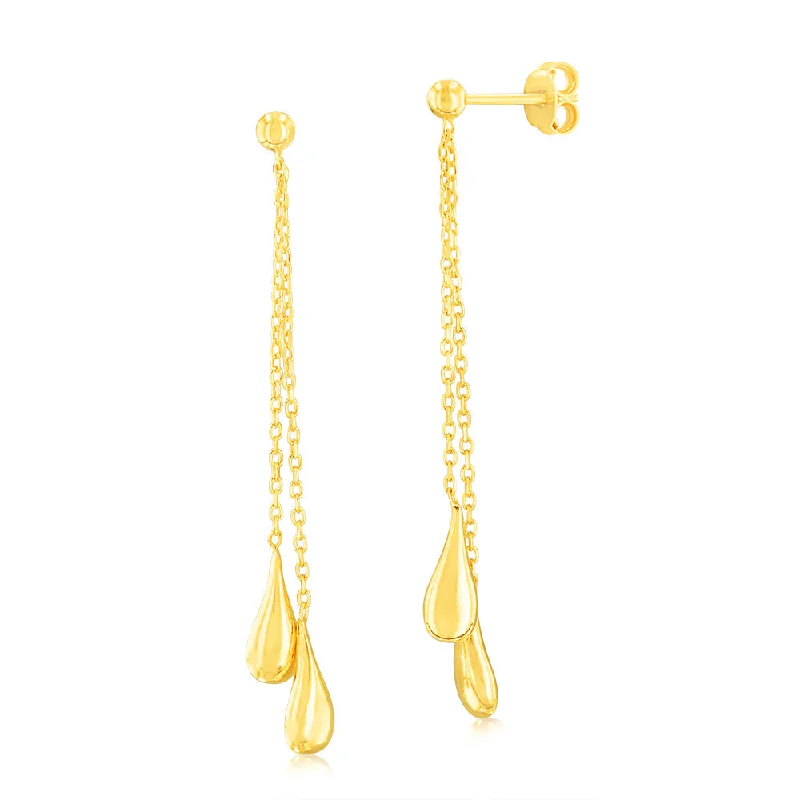 Dangle Earrings For Evening Glam-Sterling Silver Gold Plated Polished Double Tear Drop Earrings