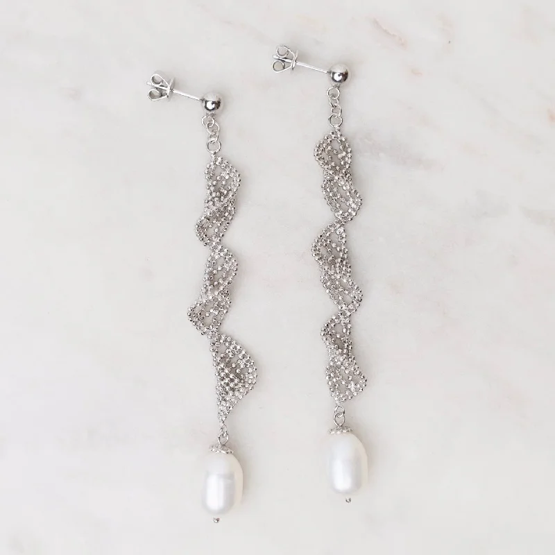 Handmade Silver Earrings For Unique Appeal-Sterling Lace Helix with Pearl Drop Earrings