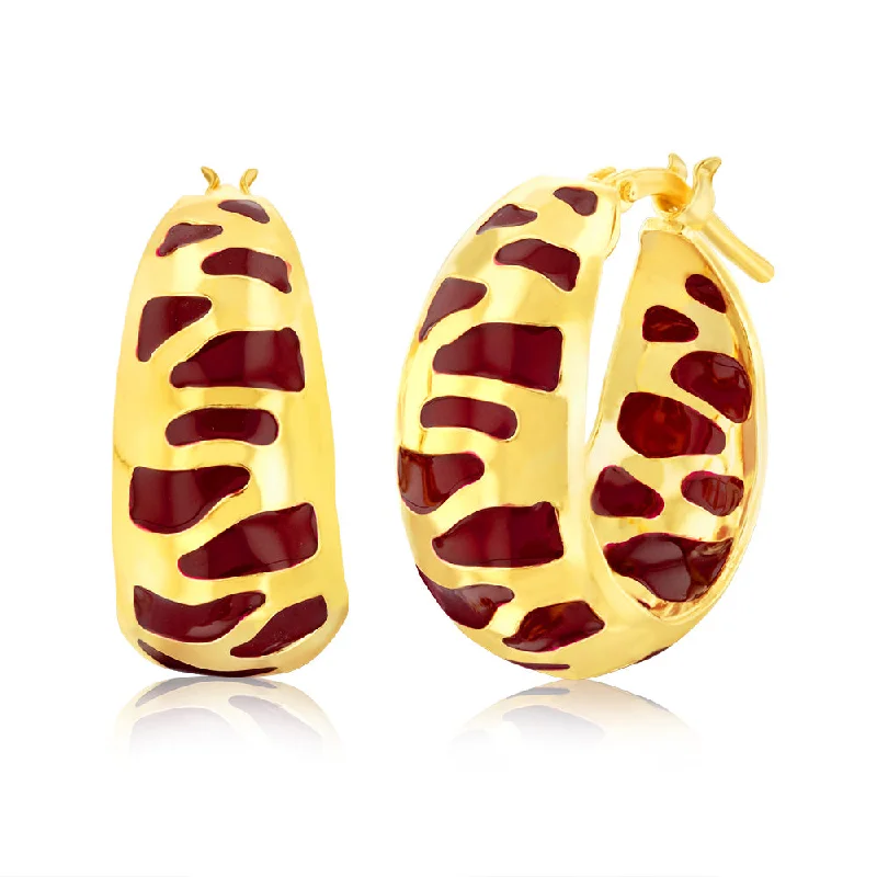 Colorful Earrings For Trendy Women-Sterling Silver Gold Plated Deep Red Enamel Tiger Pattern Wide 14mm Hoop Earrings