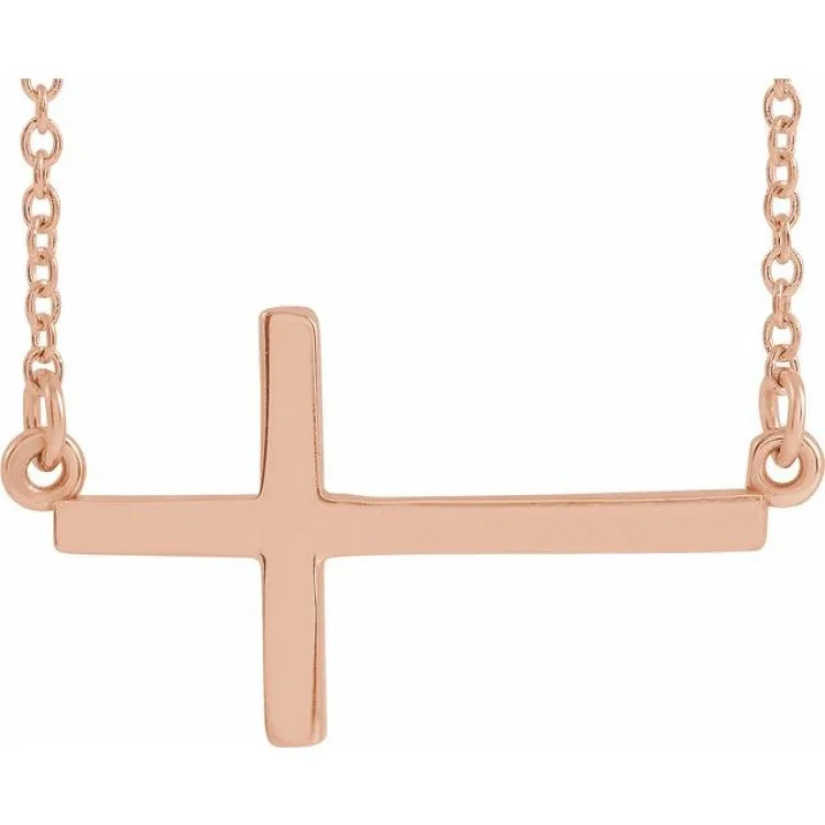 14K Rose 22x11.5 mm Sideways Cross 16-18" Necklace