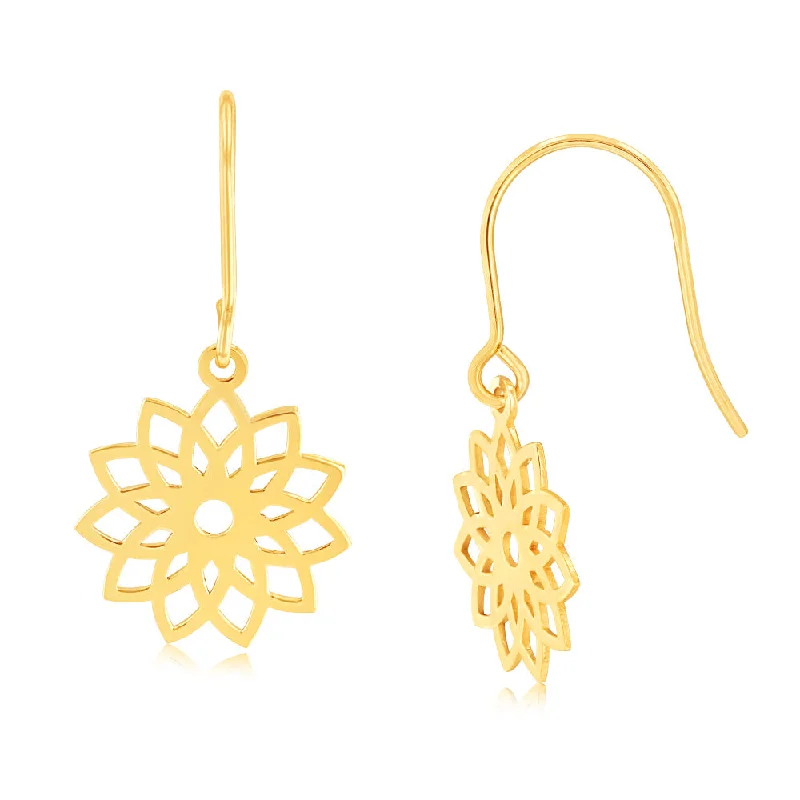 Colorful Earrings For Trendy Women-9ct Yellow Gold Tribal Flower Cut Out Hook Earrings