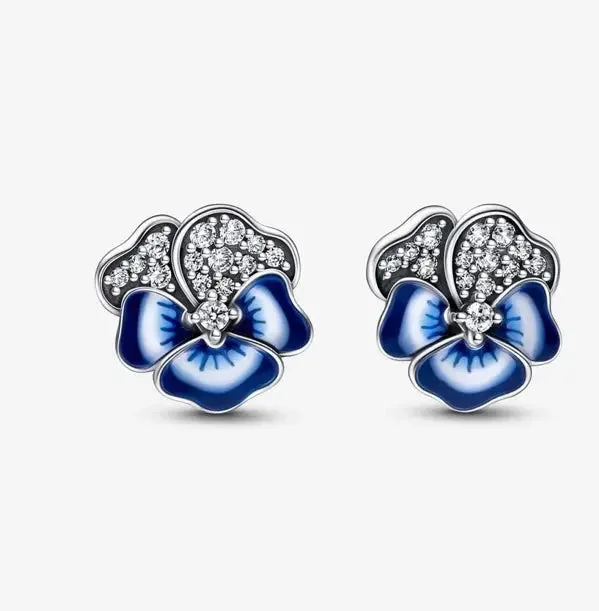 Gold Plated Earrings For Elegant Fashion-Pandora Blue Pansy Flower Stud Earrings