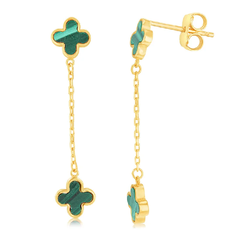 Unique Handmade Earrings For Personalized Gifts-9ct Yellow Gold Malachite Clover Petal Drop Earrings