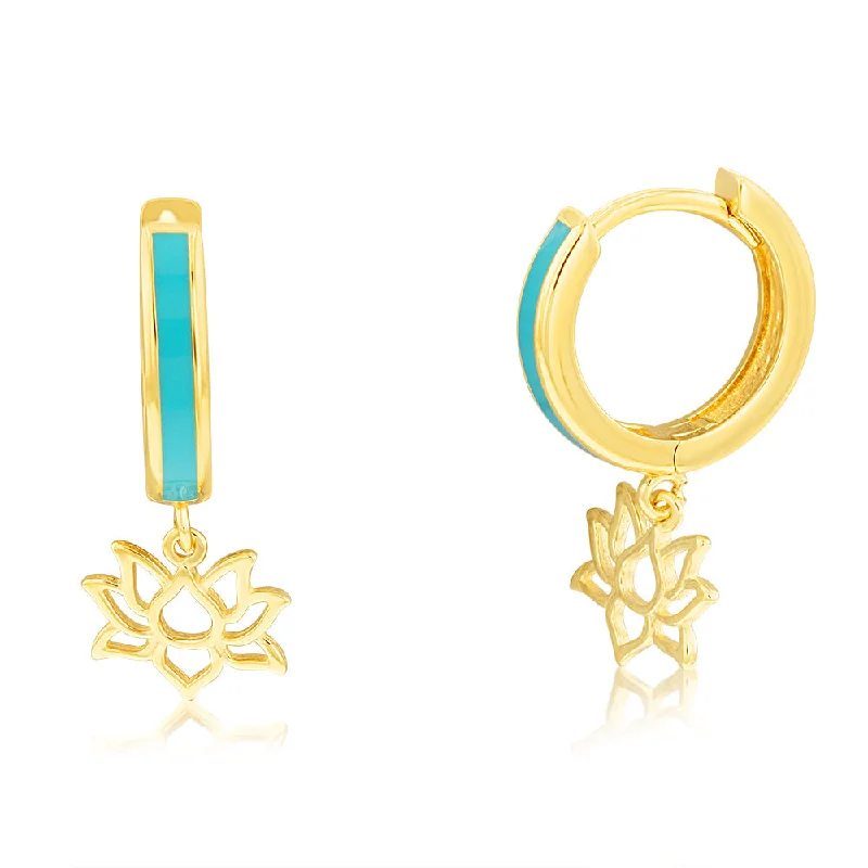 Long Drop Earrings For Stylish Women-9ct Yellow Gold Lotus On Blue Enamel Sleeper Earrings