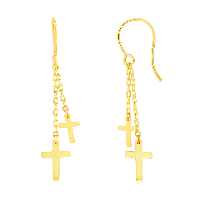 Colorful Stone Earrings For Vibrant Looks-9ct Yellow Gold Double Cross On Chain Hook Earrings