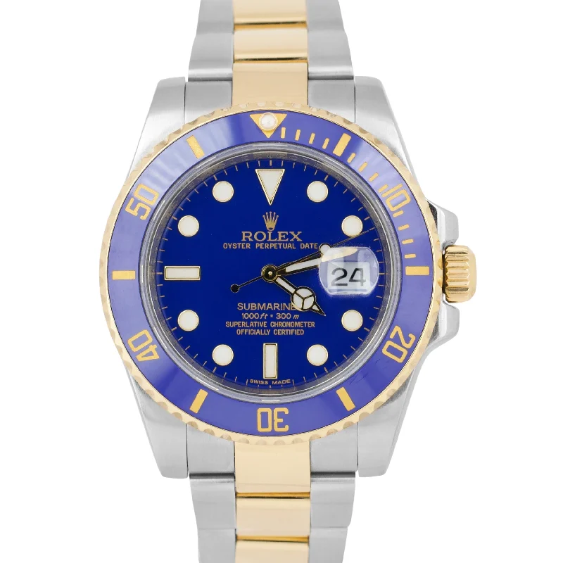 Sporty Outdoor Watches For Adventurers-Rolex Submariner Date Ceramic Two-Tone 18K Gold FLAT BLUE Steel 40mm 116613 LB