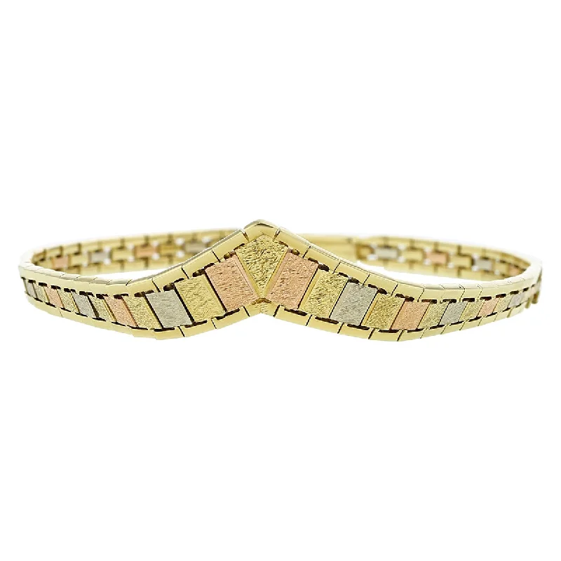 Sparkling Tennis-Style Bracelets For Elegant Occasions-Tri-Color 14K Gold Tapered V-Style Bracelet