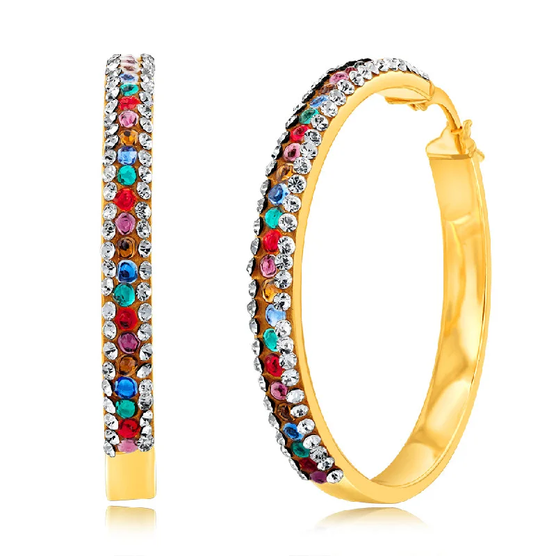 Designer Earrings For Exclusive Style-9ct Yellow Gold Silverfilled Multicolour And White Crystal 30mm Broad Hoop Earrings