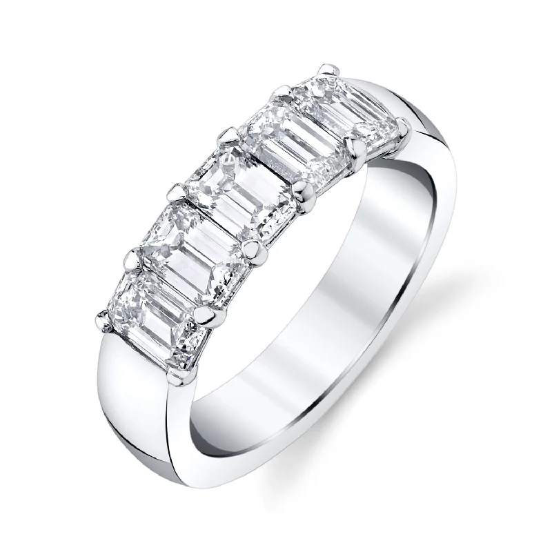 Simple Gold Wedding Bands For Elegant Fashion-Emerald Cut Horizontally Set 5-Diamond Platinum Band