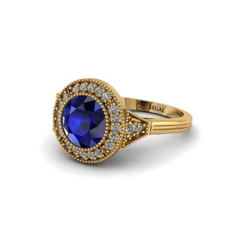 Sparkling Cocktail Rings For Special Celebrations-Round Cut Sapphire Milgrain Halo Engagement Ring - Maggie No. 13