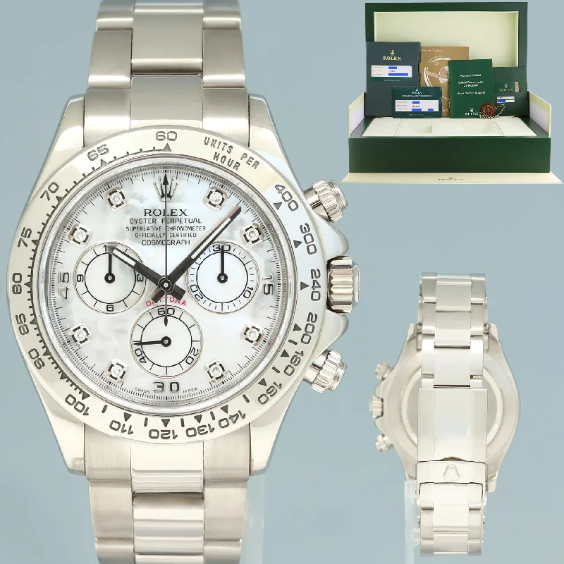 Classic Leather Strap Watches For Timeless Wear-2023 RSC PAPERS Rolex Daytona MOP DIAMOND Chrono 116509 White Gold Watch Box